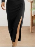 Solid Round Neck Slim Long Sleeve Split Dress