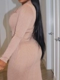 Solid V-neck knitted jacquard long dress