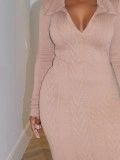 Solid V-neck knitted jacquard long dress