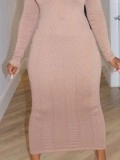 Solid V-neck knitted jacquard long dress