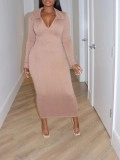 Solid V-neck knitted jacquard long dress