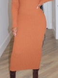 Solid V-neck knitted pit stripe long skirt