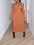 Solid V-neck knitted pit stripe long skirt
