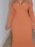 Solid V-neck knitted pit stripe long skirt