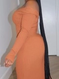 Solid V-neck knitted pit stripe long skirt