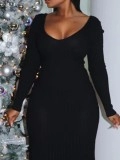 Solid V-neck knitted pit stripe long skirt