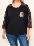 Spliced leopard patch pocket sequin T-shirt