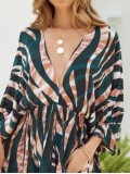 Stripe Print V-Neck Belted Long Sleeve Dress