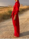 Tie High Waist Long Sleeve Slit Dress