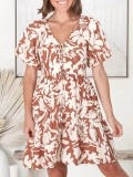 V-neck cross neckline printed waist mini dress