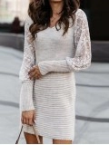 V-neck lace sleeve knit mini dress