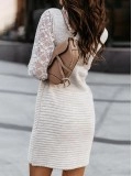 V-neck lace sleeve knit mini dress