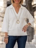 White 3/4 Sleeve V-Neck Sweater Top