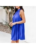 Women's blue elegant halter-neck pleated dress