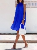 Women's blue elegant halter-neck pleated dress