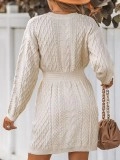 Women's Casual Cable Knit V-Neck Sweater Dress