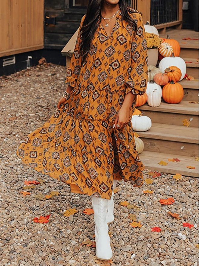 Women's V-Shape Ruffle Printed Dress