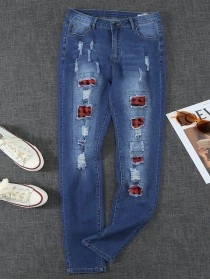 Women's vintage plaid patchwork jeans