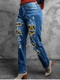 Women's Vintage Sunflower Print Patchwork Jeans