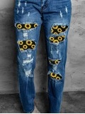 Women's Vintage Sunflower Print Patchwork Jeans