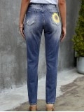 Women's vintage sunflower print patchwork ripped jeans