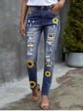 Women's vintage sunflower print patchwork ripped jeans