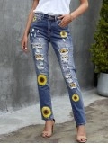 Women's vintage sunflower print patchwork ripped jeans